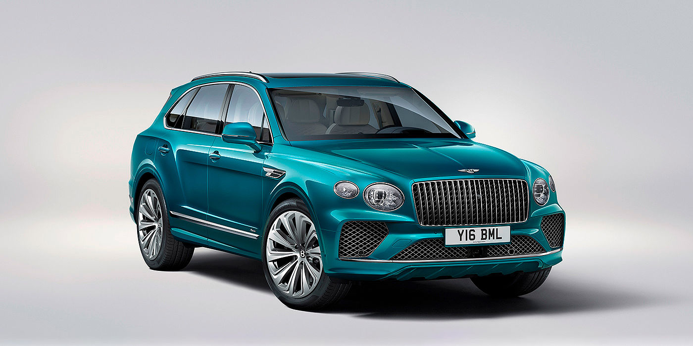 Bentley Shanghai - Pudong Bentley Bentayga Azure front three-quarter view, featuring a fluted chrome grille with a matrix lower grille and chrome accents in Topaz blue paint.