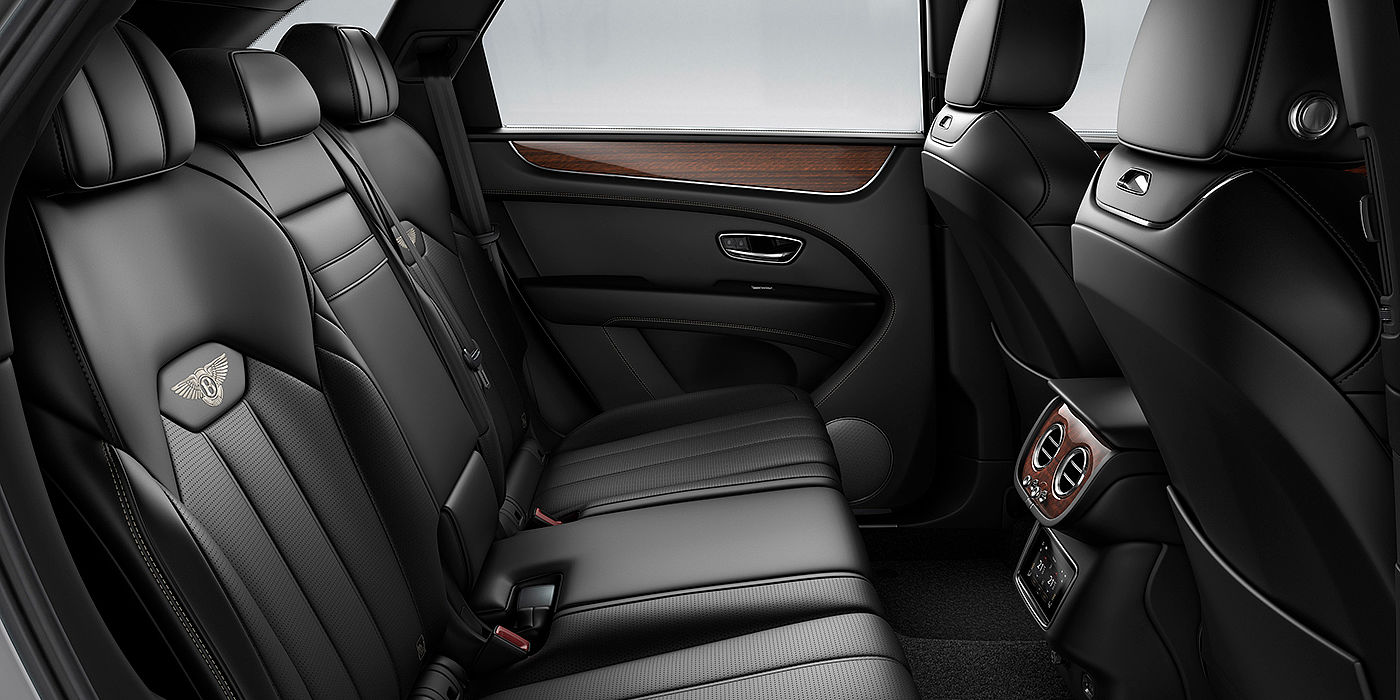 Bentley Shanghai - Pudong Bentey Bentayga interior view for rear passengers with Beluga black hide.