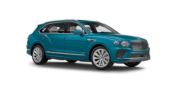 Bentley Shanghai - Pudong Bentley Bentayga EWB Azure front side angled view in Topaz blue coloured exterior. 